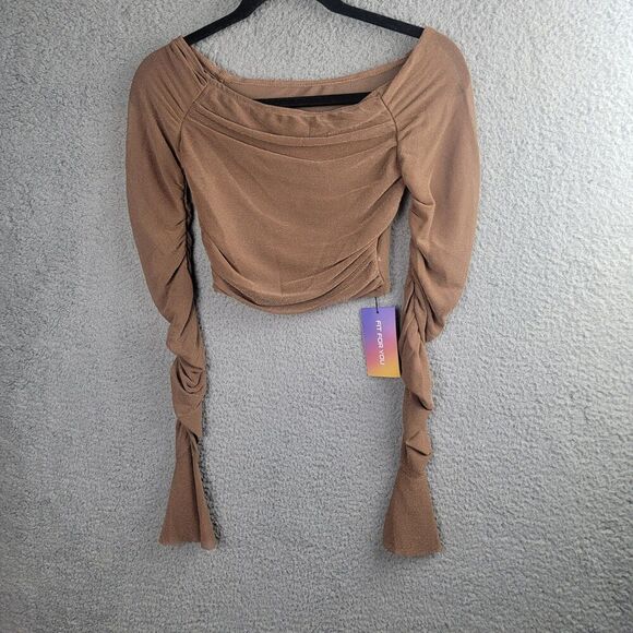 Tops - Cropped Mesh Top Long Ruched Bell Sleeves Brown Metallic Shimmer Korean Small